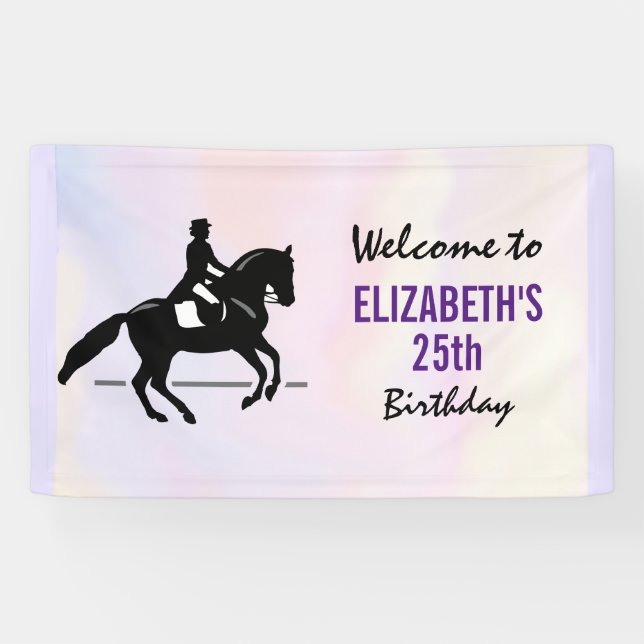 Eleganter Dressurreiter auf Wasserfarbe Geburtstag Banner (Horizontal)