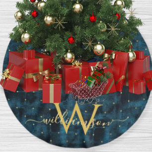 Eleganter dunkel Türkis Blau Gold Monogramm Samt Polyester Weihnachtsbaumdecke