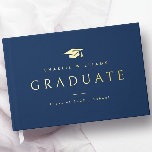 Eleganter dunkelblauer Graduiertenname Gästebuch (Elegant dark blue graduation cap graduate name foil guest book)