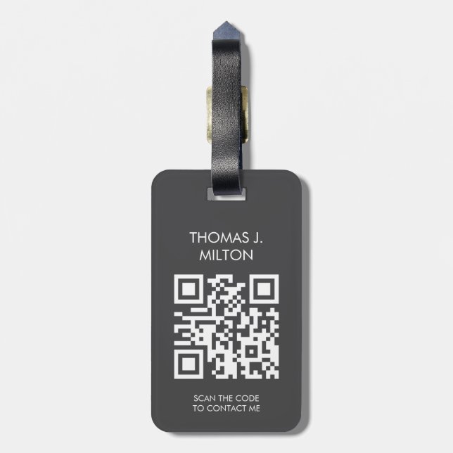 Eleganter dunkelgrau weißer, feiner QR-Code Gepäckanhänger (Rückseite vertikal)