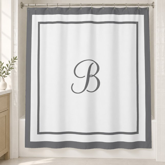 Eleganter dunkelgrauer Border Script Monogram Lett Duschvorhang (Von Creator hochgeladen)