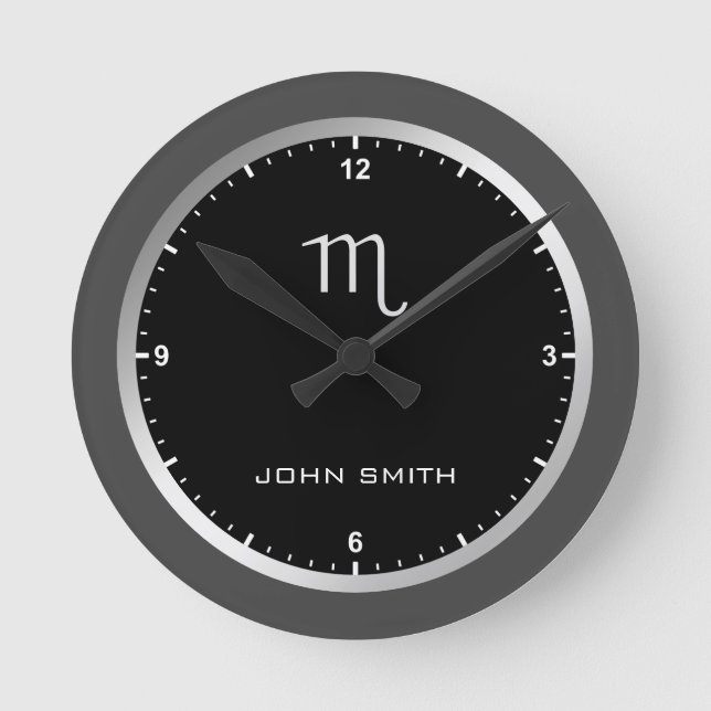 Eleganter dunkelgrauer Rahmen Zodiac Namensschild  Runde Wanduhr (Vorderseite)