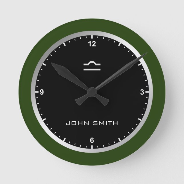 Eleganter dunkelgrüner Rahmen Zodiac Namensschild  Runde Wanduhr (Vorderseite)