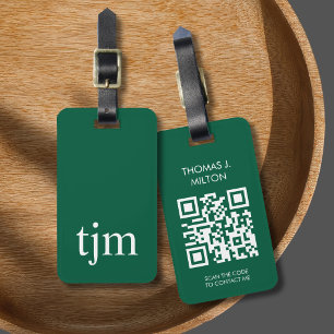Eleganter dunkelgrüner weißer mutiger Monogramm-QR Gepäckanhänger