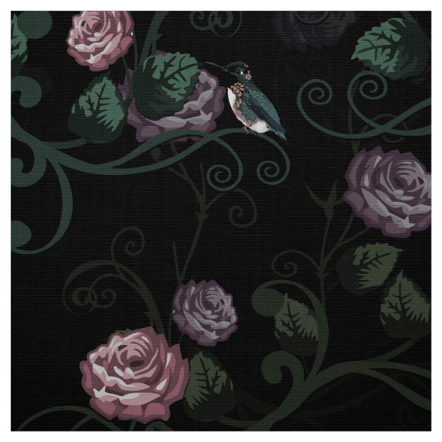 Eleganter dunkler Blumengarten mit Hummingbirds Ro Stoff (Muster)
