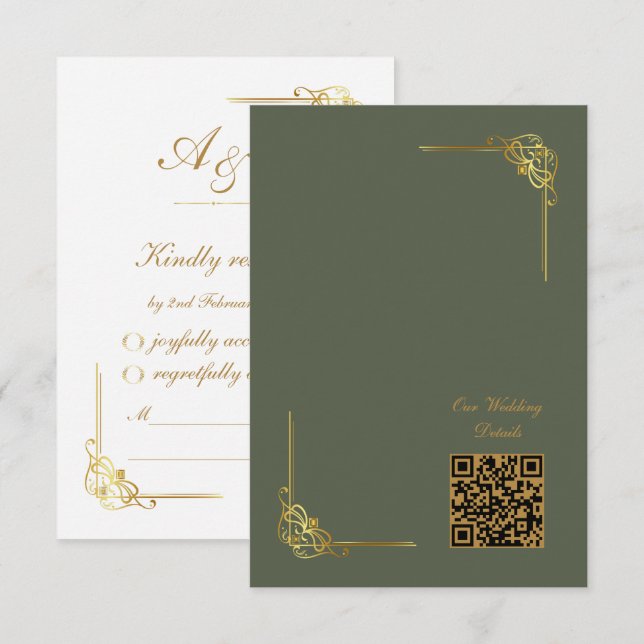 Eleganter dunkler Salbei-Gold-Hochzeits-Event-QR-C RSVP Karte (Vorne/Hinten)