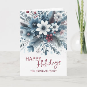 Eleganter dunkler Teal-Blau-Rot-Blumen-Weihnachtsk Feiertagskarte