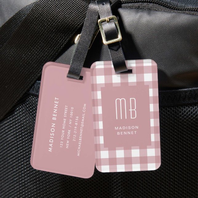 Eleganter Dustrosa Gingham-Monogramm Gepäckanhänger (Elegant Dusty Pink Gingham Monogram Luggage Tag
)