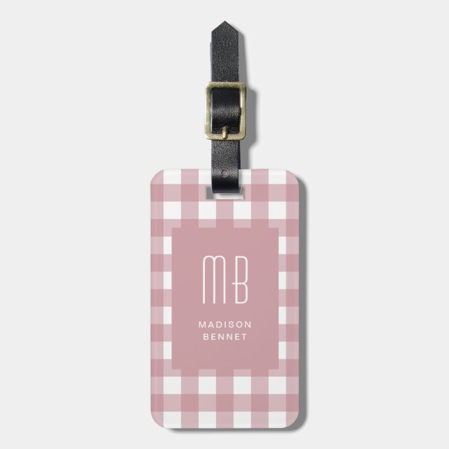 Eleganter Dustrosa Gingham-Monogramm Gepäckanhänger (Vorderseite vertikal)
