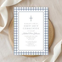 Eleganter Dusty Blue Gingham Jungen Erstkommunion Einladung