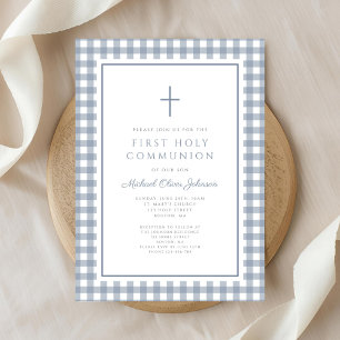 Eleganter Dusty Blue Gingham Jungen Erstkommunion Einladung