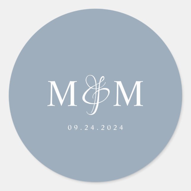 Eleganter Dusty Blue Monogram Wedding Umschlag Auf Runder Aufkleber (Vorderseite)