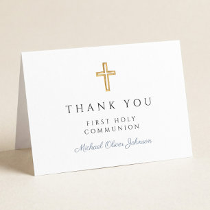 Eleganter Dusty Blue Schrift Jungen Erstkommunion  Dankeskarte