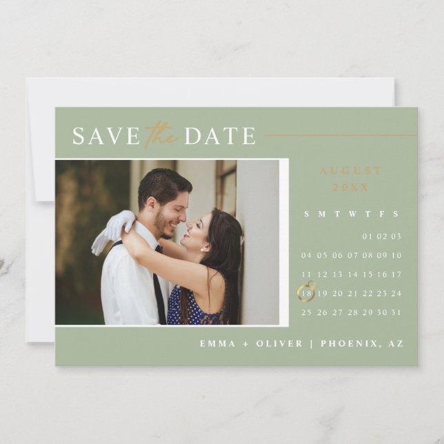 Eleganter Dusty Green Gold Save the Date Calendar Einladung (Vorderseite)