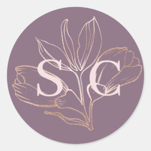 Eleganter Dusty Rose Botanischer Monogramm-Hochzei Runder Aufkleber