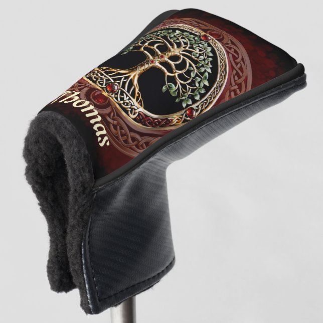 Eleganter edler Lebensbaum mit keltischem Knoten. Golf Headcover (3/4 Vorderseite)