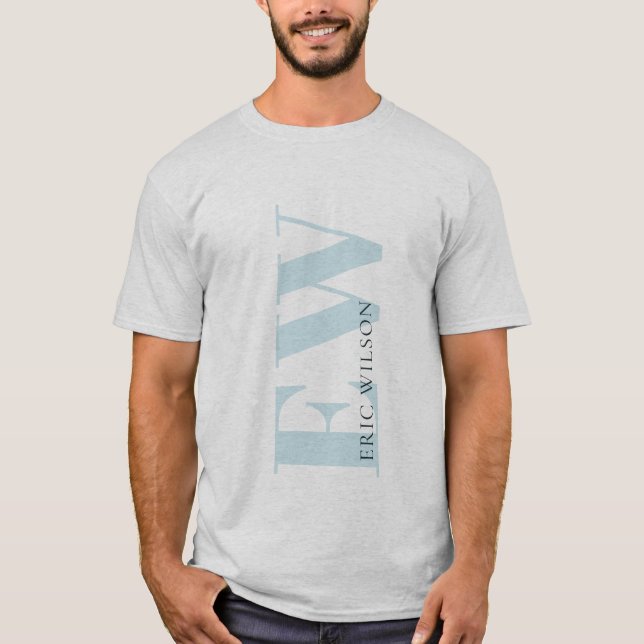 Eleganter einfacher Minimal Blue Gray Monogram Nam T-Shirt (Vorderseite)