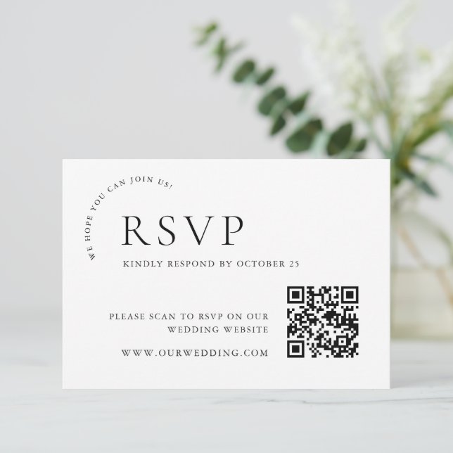 Eleganter einfacher Minimalistischer QR-Code RSVP Karte (Stehend Vorderseite)