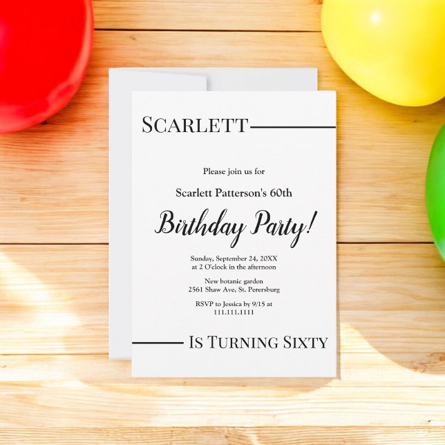 Eleganter einfacher Schwarz-Weiß-Chic 60. Geburtst Einladung (Von Creator hochgeladen)