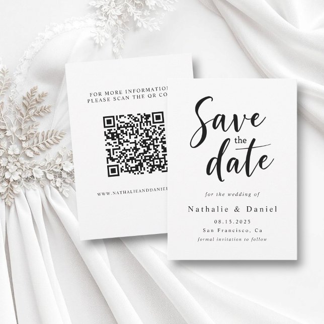 Eleganter einfacher Schwarz-Weiß-QR-Code Hochzeit Save The Date (Von Creator hochgeladen)