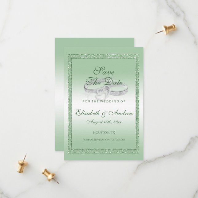 Eleganter Emerald Glitzer & Silver Wedding Rings Save The Date (Vorderseite/Rückseite Beispiel)