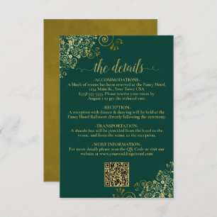 Eleganter Emerald & Gold Wedding QR Code Details Begleitkarte