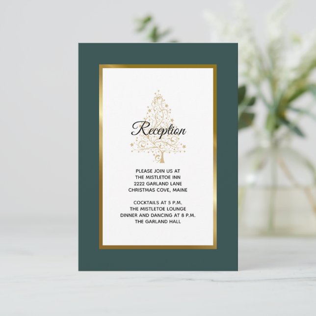 Eleganter Emerald Gold Winter Wedding Empfang Begleitkarte (Stehend Vorderseite)