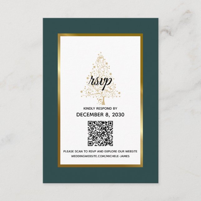 Eleganter Emerald Gold Winter Wedding QR Code RSVP Karte (Vorderseite)