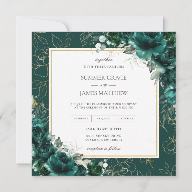 Eleganter Emerald Green Floral Gold Wedding Square Einladung (Vorderseite)