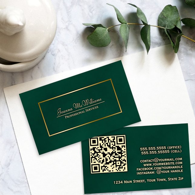 Eleganter Emerald Green & Gold Beruflicher QR-Code Visitenkarte (Front and Back)