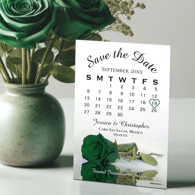 Eleganter Emerald Green Rose Chic Wedding Calendar Save The Date (Von Creator hochgeladen)