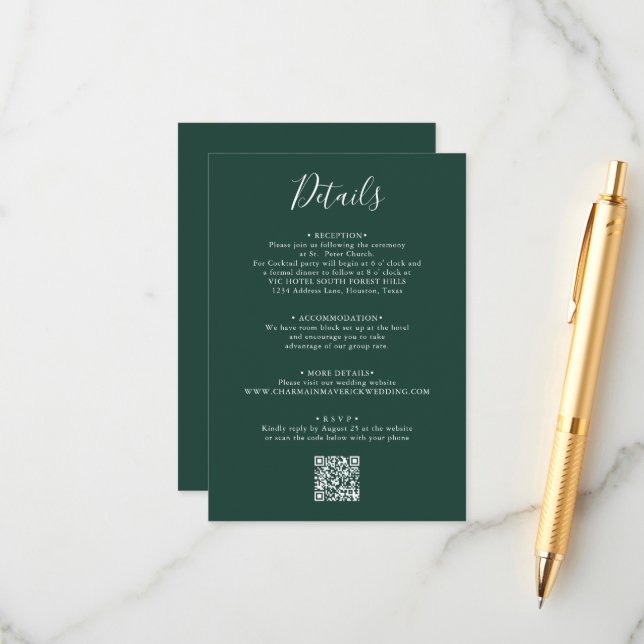 Eleganter Emerald Green Script Wedding QR Code Begleitkarte (Vorderseite/Rückseite Beispiel)