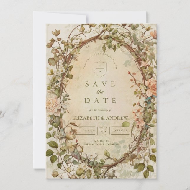 Eleganter Erdiger Boho-Blumenbogen-Hochzeit Save The Date (Vorderseite)