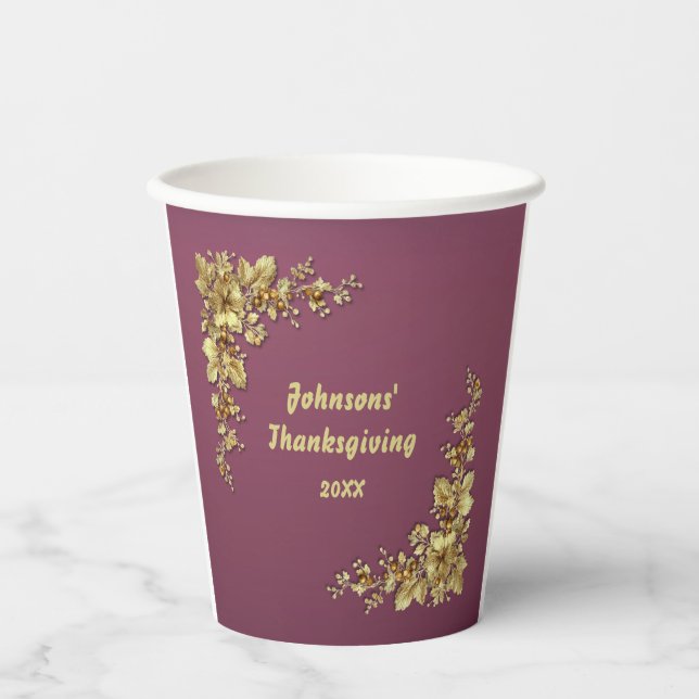 Eleganter Erntedank aus Gold und Burgund Pappbecher (Vorderseite)