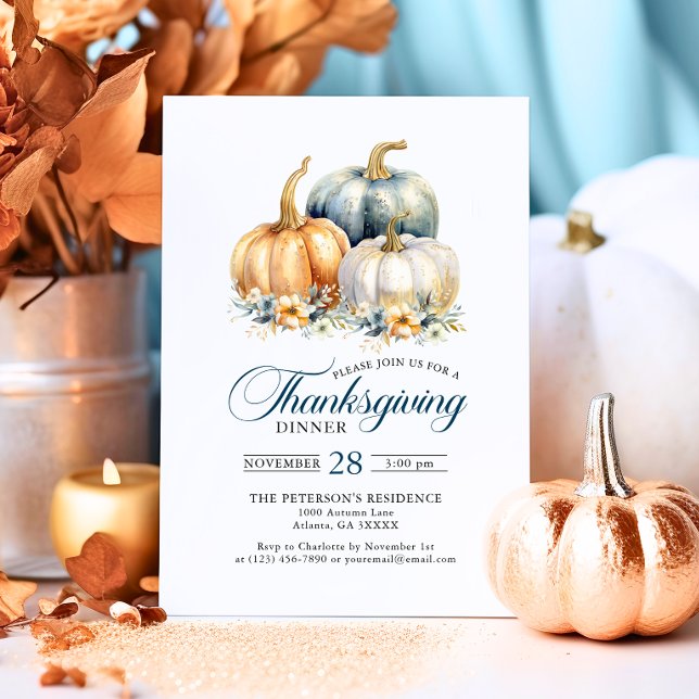 Eleganter Erntedank Dinner Blue Gold Pumpkins Einladung (Thanksgiving Dinner Blue Orange Gold Pumpkins Invitation)