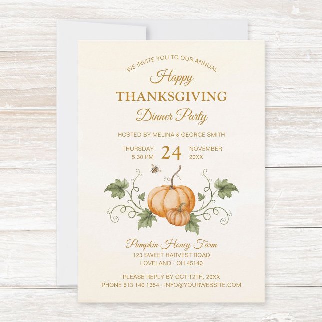 Eleganter Erntedank von Wasserfarbenkürzen und Bie Einladung (Elegant watercolor Happy Thanksgiving invitation with handdrawn pumpkins, leaves. Back with QR code.)