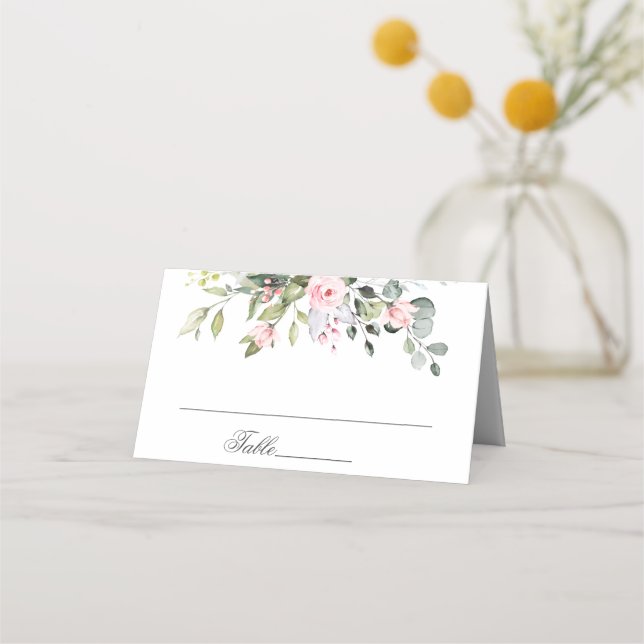 Eleganter Eukalyptus Blush-Rose Hochzeitstisch Platzkarte (Vorderseite)