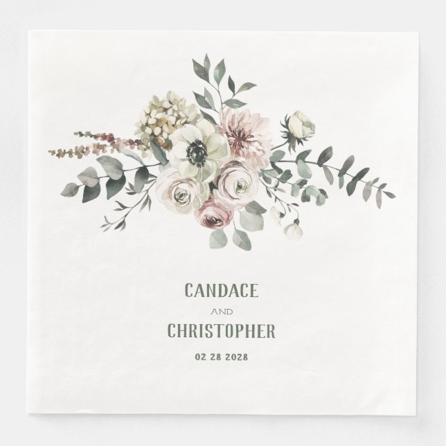 Eleganter Eukalyptus Blush Rose White Hydrangea Serviette (Vorderseite)