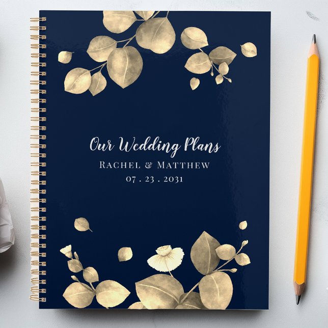 Eleganter Eukalyptus Botanischer Hochzeitsplanplan Planer (Eucalyptus Gold Foliage Script Wedding Planner Notebook)