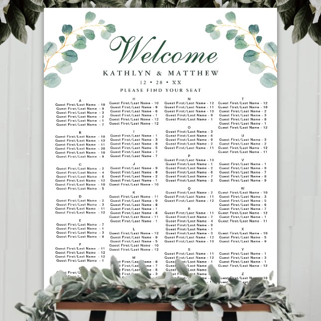 Eleganter Eukalyptus Hochzeit Alphabetisches Sitze Poster (Von Creator hochgeladen)
