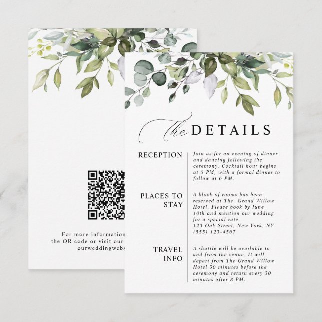 Eleganter Eukalyptus QR-Code Botanische Hochzeit Begleitkarte (Vorne/Hinten)