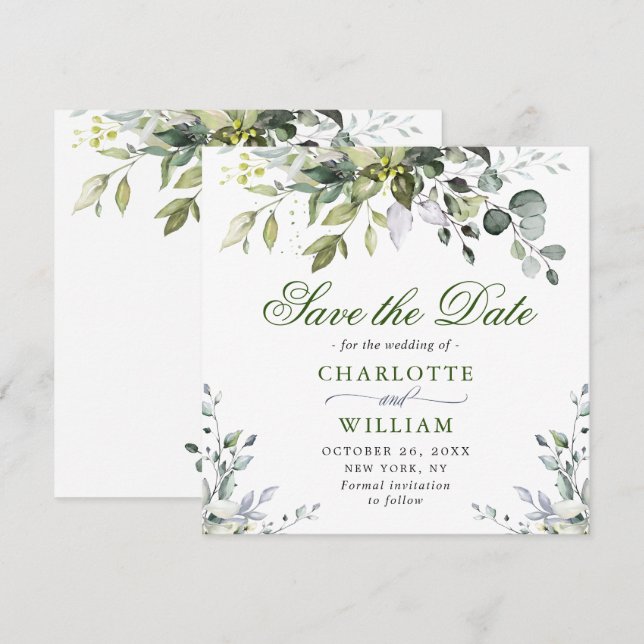 Eleganter Eukalyptus Watercolor Save the Date (Vorne/Hinten)