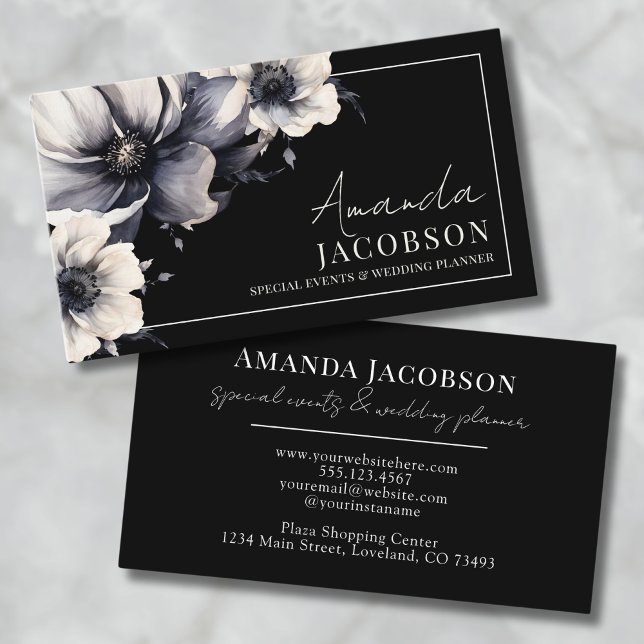 Eleganter Event Hochzeitsplaner Black Floral Visitenkarte (Elegant Event Wedding Planner Black Floral Business Card)