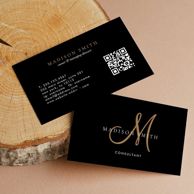 Eleganter Extravaganter Black-Gold-Script-Monogram Visitenkarte (Von Creator hochgeladen)