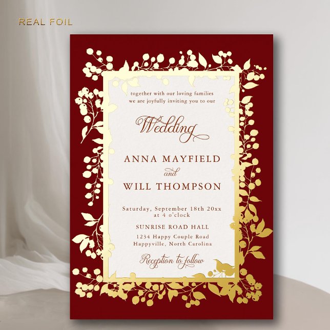 Eleganter Fall Berries bezaubern Rustikale Hochzei Folieneinladung (elegant fall botanical berries frame modern romantic rustic boho wedding invitation burgundy gold)