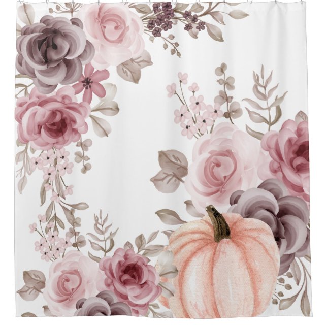 Eleganter Fall Floral Pumpkin Neutrals Wasserfarbe Duschvorhang (Vorderseite)