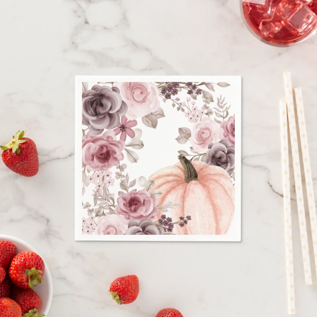 Eleganter Fall Floral Pumpkin Neutrals Wasserfarbe Serviette (Beispiel)