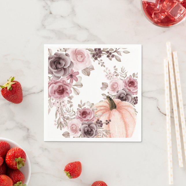 Eleganter Fall Floral Pumpkin Neutrals Wasserfarbe Serviette (Beispiel)