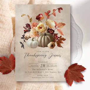 Eleganter Fall Floral & Pumpkins Erntedank Einladung