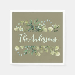 Eleganter Familienname botanische Blätter Olivengr Serviette